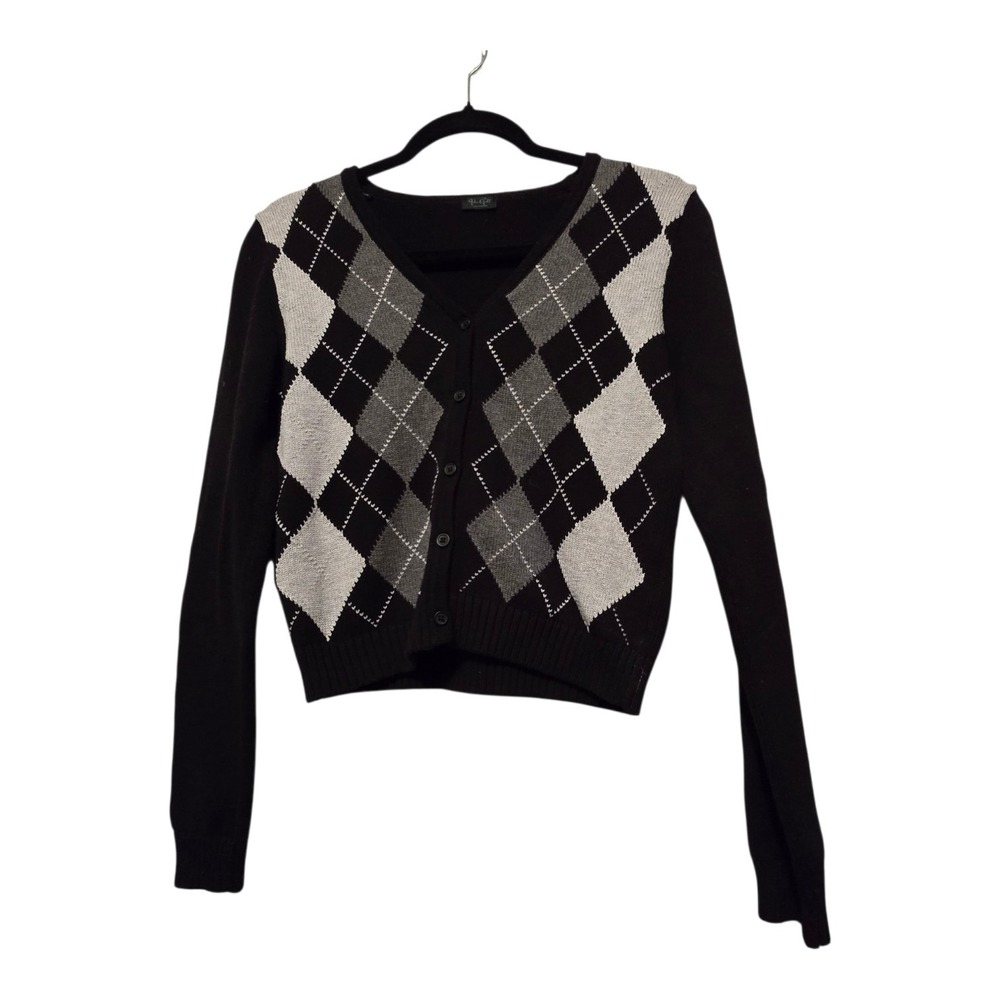 John Galt Brandy Melville Argyle Sweater Cardigan Womens SM Black Gray Preppy